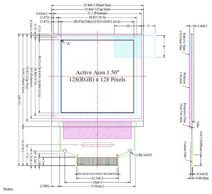 1.5 Inch 128x128 Dots 262k Color AMOLED Display ZIF Type UG-2828GDEDF11 SSD1351 Controller 0