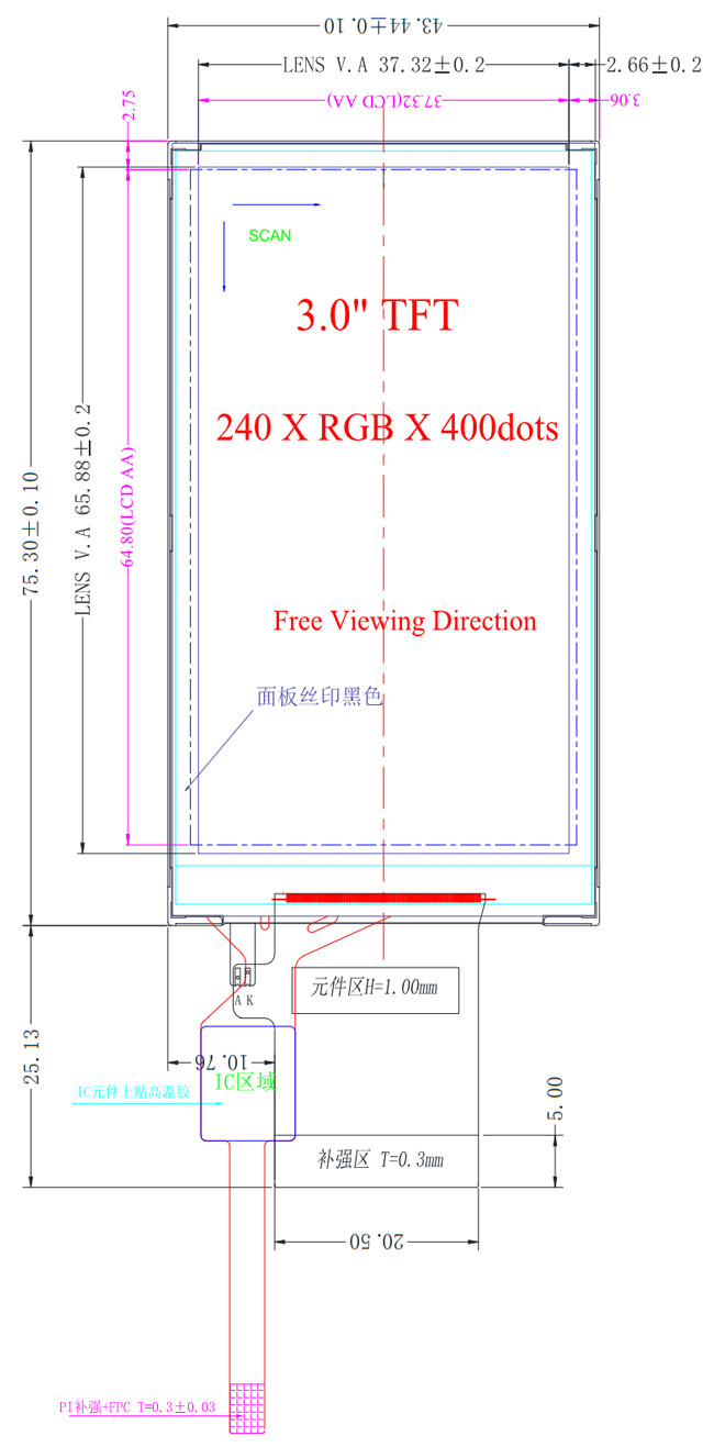Touch Screen PCAP TFT Display 3" 240x400 MCU 8bits 16bits Interface 40 Pin 0