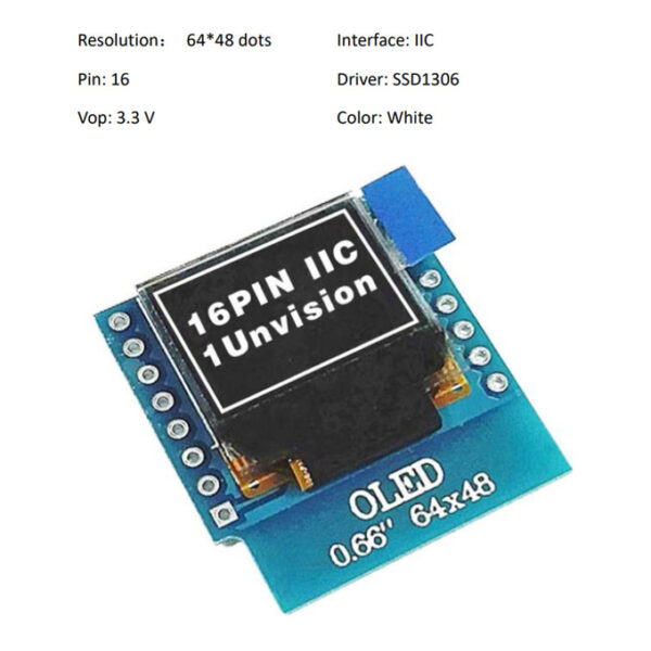 0.66 Inch IIC OLED Display 16 Pin With 64x48 Pixels, White & Blue Fonts Ultra-Low Power OLED Display